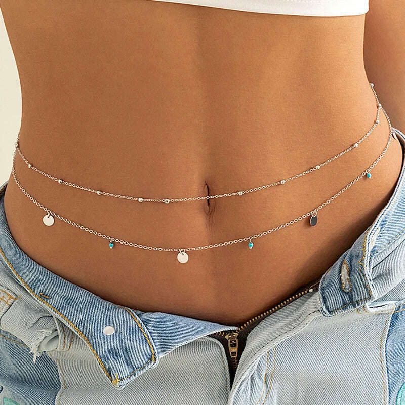 KIMLUD, Spring Summer New Boho Minimalism Multilayer Waist Beads For Women Fashion Geometric Sequins Belly Chain Sexy Body Chain Jewelry, Silver Color, KIMLUD Women's Clothes