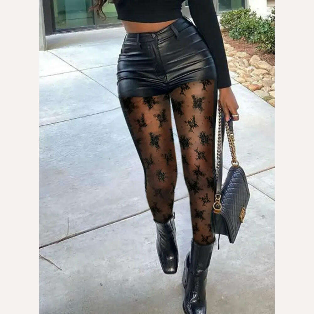 KIMLUD, Spring Women Contrast Mesh PU Leather Skinny Pants 2022 New Sexy Femme High Waist Buttoned Trousers Lady Club Clothing y2k, Black / S, KIMLUD APPAREL - Womens Clothes