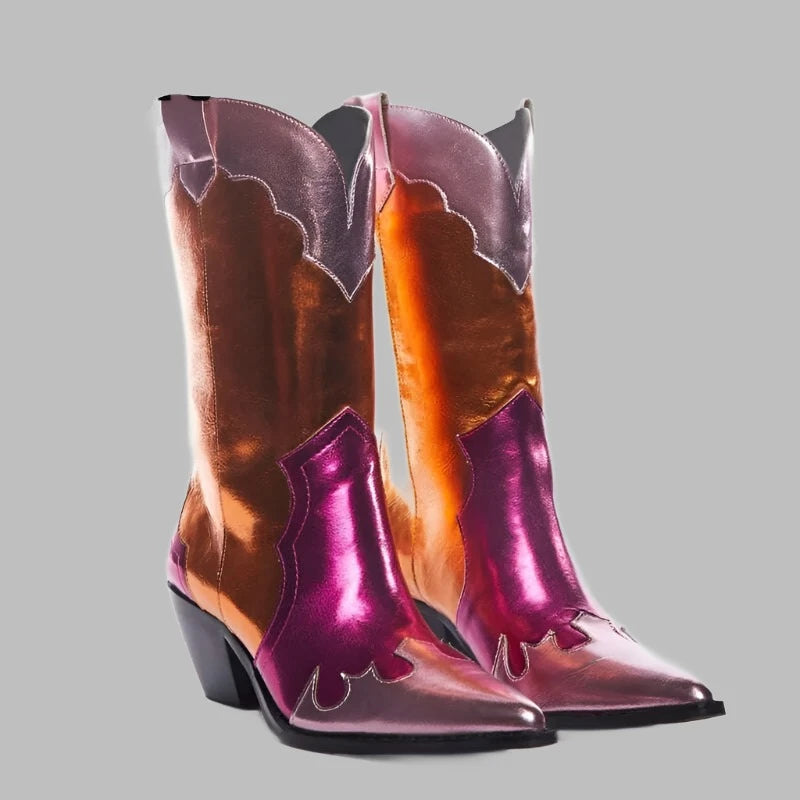 KIMLUD, Spring Women Multi Boots Shiny Metallic Leather Wedge Heel Mid-calf Boot Female Pointy Toe Western Cowboy Boots Zapatos De Mujer, multi 1 / 35, KIMLUD APPAREL - Womens Clothes