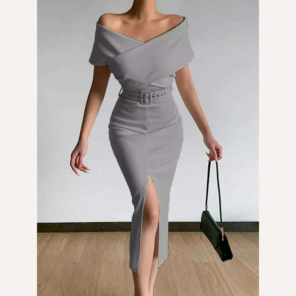 KIMLUD, Spring Women Off Shoulder Slim Evening Dress Solid Sexy Sleeveless Bodycon Bag Hip Dress Elegant Waist Summer Split Lady Dresses, KIMLUD Womens Clothes