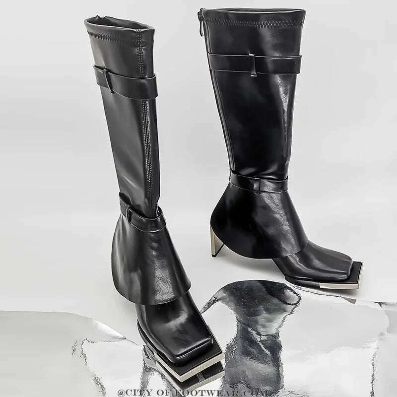 KIMLUD, Square Toe Metal Heel Knee High Boots Black Leather Women Punk Style Zip Boot Luxury Designer Free Shipping Street Shoes Y2K, KIMLUD Womens Clothes