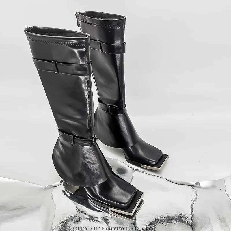 KIMLUD, Square Toe Metal Heel Knee High Boots Black Leather Women Punk Style Zip Boot Luxury Designer Free Shipping Street Shoes Y2K, KIMLUD Womens Clothes