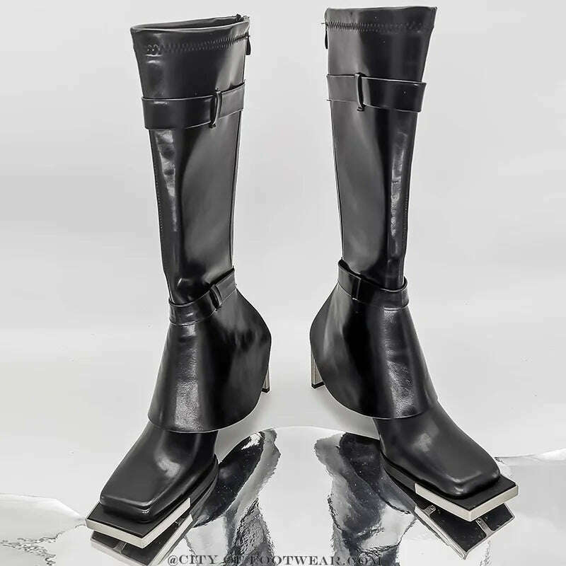 KIMLUD, Square Toe Metal Heel Knee High Boots Black Leather Women Punk Style Zip Boot Luxury Designer Free Shipping Street Shoes Y2K, KIMLUD Womens Clothes