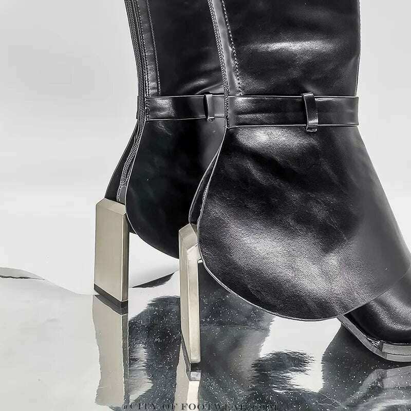 KIMLUD, Square Toe Metal Heel Knee High Boots Black Leather Women Punk Style Zip Boot Luxury Designer Free Shipping Street Shoes Y2K, KIMLUD Womens Clothes