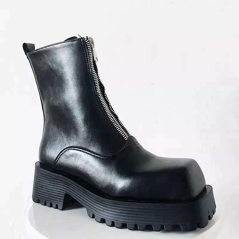 KIMLUD, Square Toe Zip Short Boots Male Couple Shoes Black Leather Chelsea Boots for Men Women Mid Top Thick Sole Ankle Boots Size35-44, as pic / 35, KIMLUD Womens Clothes
