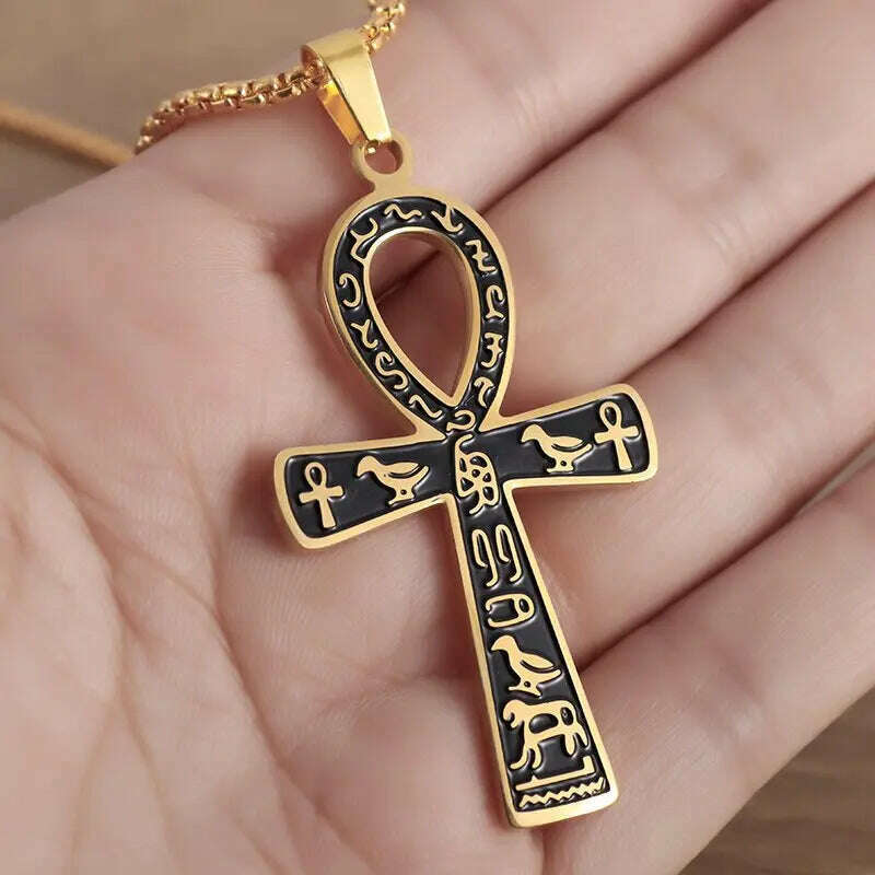 Stainless Steel Ancient Egyptian Ankh Cross Totem Pendant Necklace Men's Pharaoh Life Key Amulet Jewelry - KIMLUD