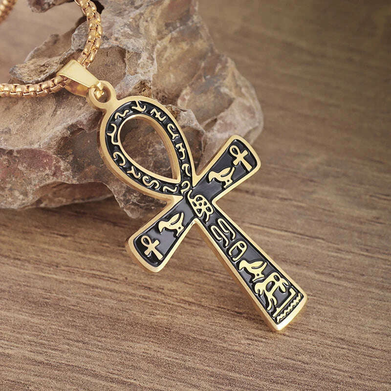 Stainless Steel Ancient Egyptian Ankh Cross Totem Pendant Necklace Men's Pharaoh Life Key Amulet Jewelry - KIMLUD