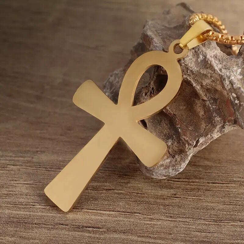 Stainless Steel Ancient Egyptian Ankh Cross Totem Pendant Necklace Men's Pharaoh Life Key Amulet Jewelry - KIMLUD
