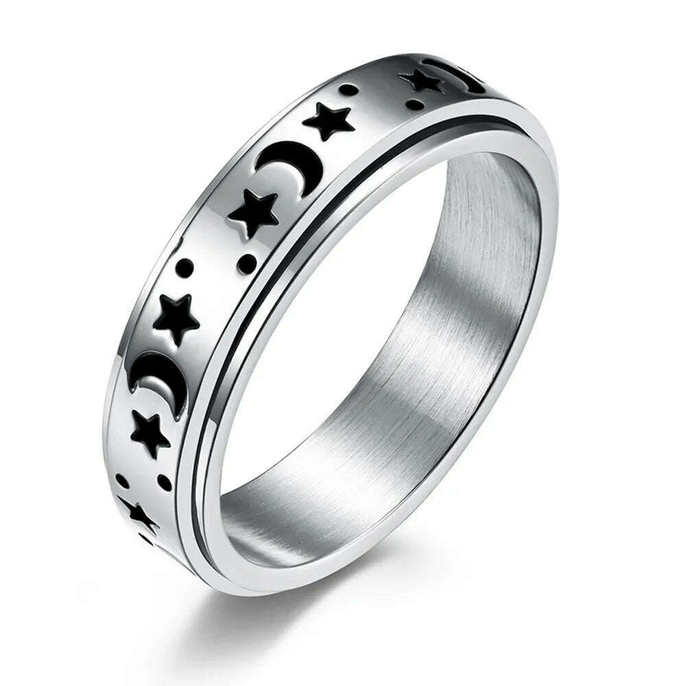 KIMLUD, Stainless Steel Fidget Relax Spinner Rings Women Man Fashion Moon Star Sun Fine Tuning Rotating Ring  Jewelry Gift For Anxiety, RR1005-S / 6, KIMLUD Women's Clothes