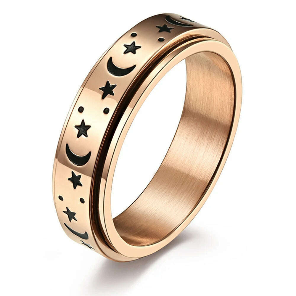 KIMLUD, Stainless Steel Fidget Relax Spinner Rings Women Man Fashion Moon Star Sun Fine Tuning Rotating Ring  Jewelry Gift For Anxiety, RR1005-R / 6, KIMLUD Women's Clothes