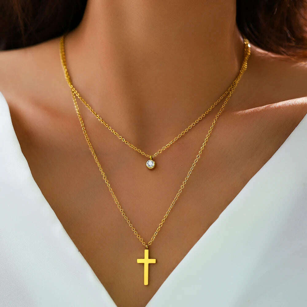 KIMLUD, Stainless Steel Necklaces Prayer Baptism Gothic Cross Pendant Streetwear Male Layer Chain Grunge Necklace For Women Jewelry Gift, KIMLUD Womens Clothes