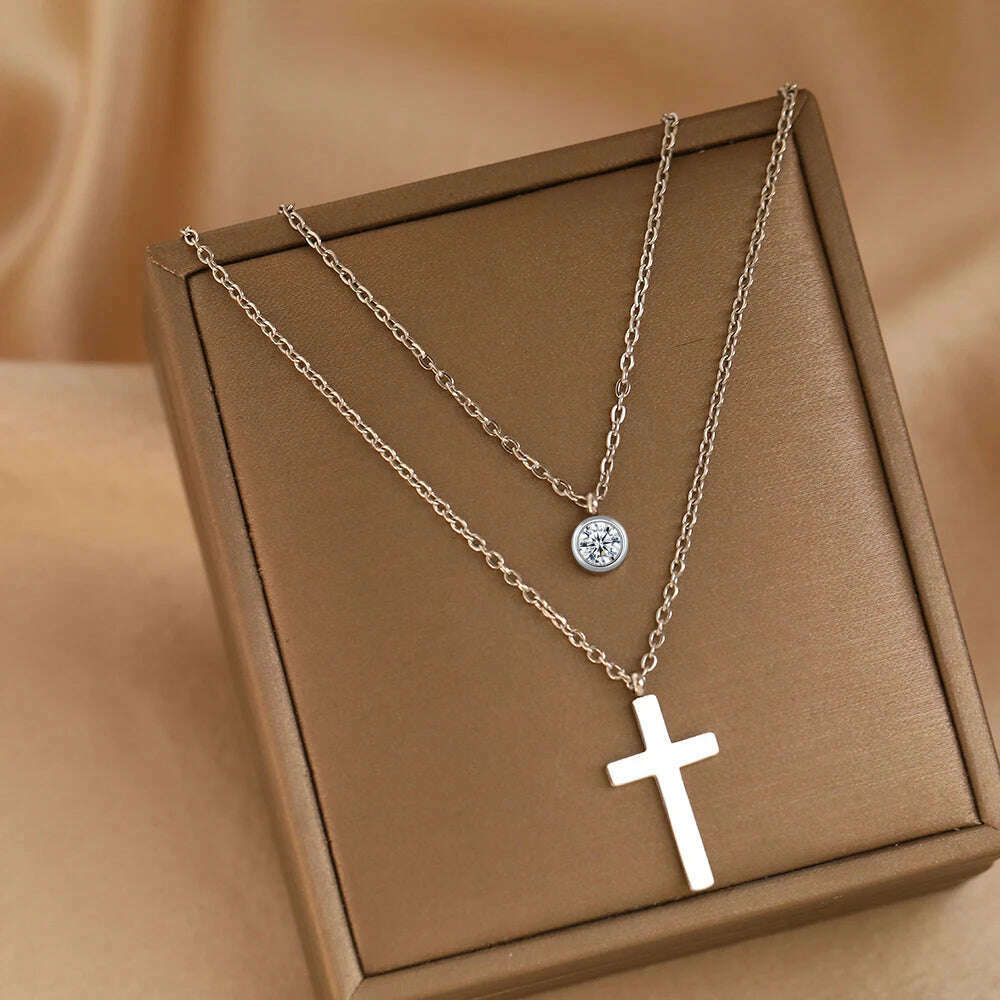 KIMLUD, Stainless Steel Necklaces Prayer Baptism Gothic Cross Pendant Streetwear Male Layer Chain Grunge Necklace For Women Jewelry Gift, N9790, KIMLUD Womens Clothes