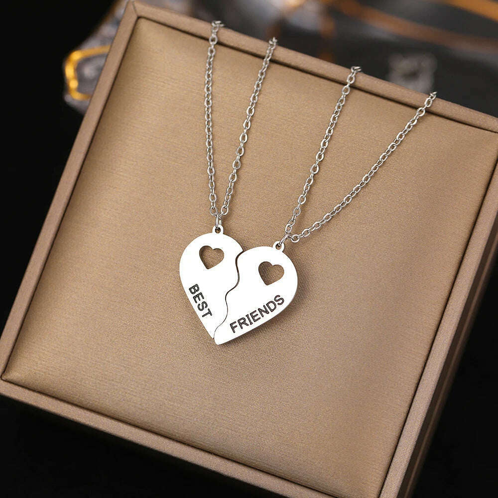 KIMLUD, Stainless Steel Necklaces Romantic Heart Best Friends Good Friend Friendship Pendants 2 Pcs/ Set Necklace For Women Jewelry Gift, 2 Pcs Silver Color, KIMLUD APPAREL - Womens Clothes