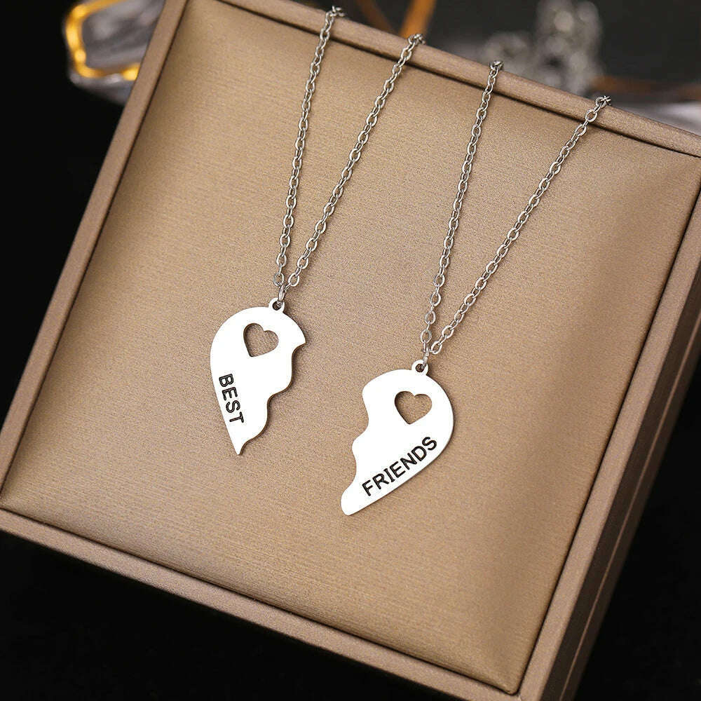 KIMLUD, Stainless Steel Necklaces Romantic Heart Best Friends Good Friend Friendship Pendants 2 Pcs/ Set Necklace For Women Jewelry Gift, KIMLUD Womens Clothes
