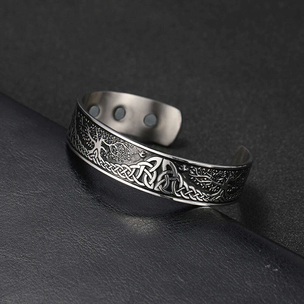 KIMLUD, Stainless Steel Norse Vikings Runes Bracelet for Men Celtics Knots Tree Of Life Magnetic Cuff Bracelet Vintage Couples Jewelry, KIMLUD Womens Clothes