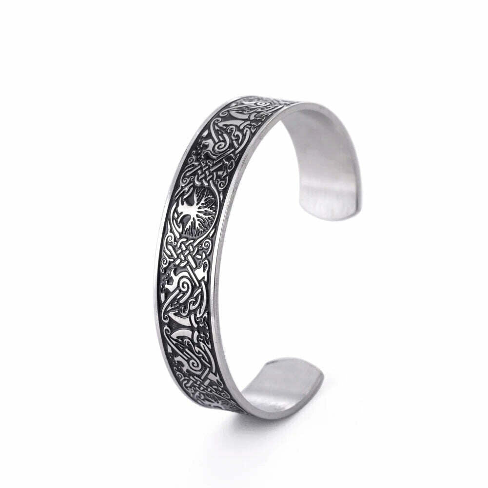 KIMLUD, Stainless Steel Norse Vikings Runes Bracelet for Men Celtics Knots Tree Of Life Magnetic Cuff Bracelet Vintage Couples Jewelry, Tree B, KIMLUD APPAREL - Womens Clothes