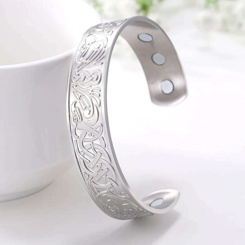 KIMLUD, Stainless Steel Norse Vikings Runes Bracelet for Men Celtics Knots Tree Of Life Magnetic Cuff Bracelet Vintage Couples Jewelry, Magnetic Raven S, KIMLUD APPAREL - Womens Clothes