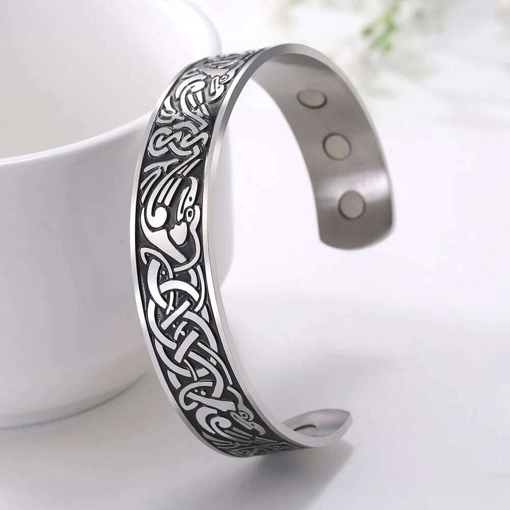 KIMLUD, Stainless Steel Norse Vikings Runes Bracelet for Men Celtics Knots Tree Of Life Magnetic Cuff Bracelet Vintage Couples Jewelry, Magnetic Raven B, KIMLUD Womens Clothes
