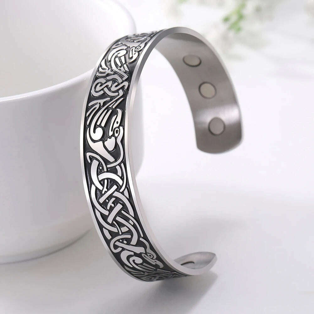 KIMLUD, Stainless Steel Norse Vikings Runes Bracelet for Men Celtics Knots Tree Of Life Magnetic Cuff Bracelet Vintage Couples Jewelry, Magnetic Raven B, KIMLUD APPAREL - Womens Clothes