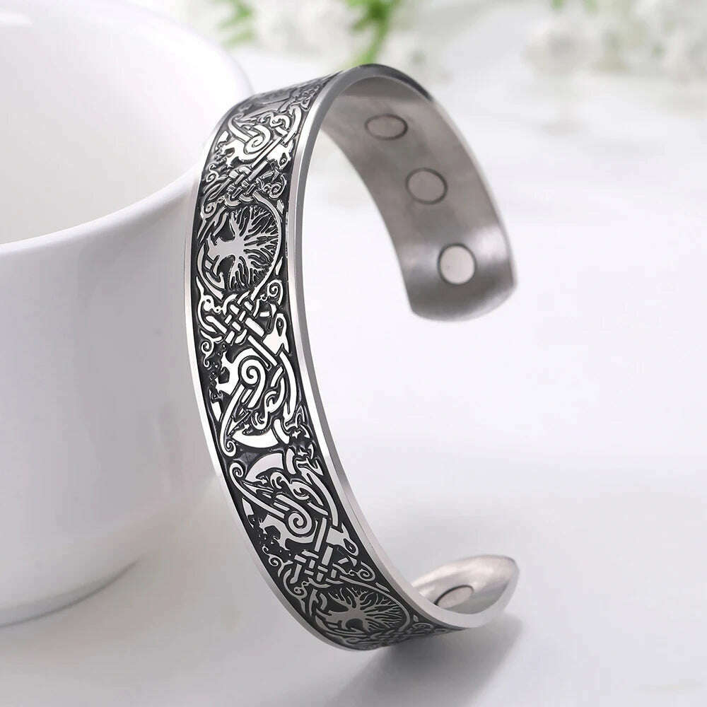 KIMLUD, Stainless Steel Norse Vikings Runes Bracelet for Men Celtics Knots Tree Of Life Magnetic Cuff Bracelet Vintage Couples Jewelry, Magnetic Tree B, KIMLUD Womens Clothes