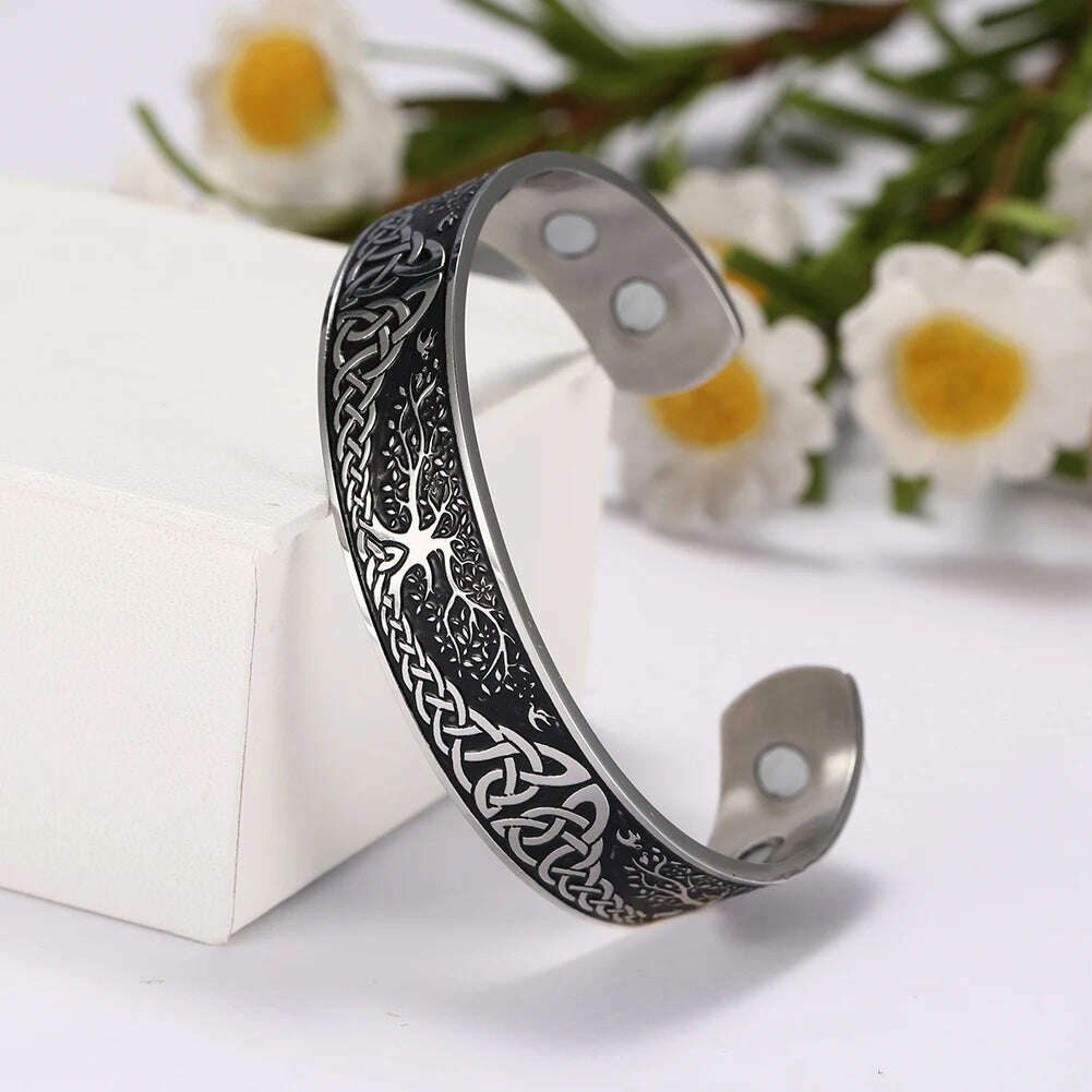 KIMLUD, Stainless Steel Norse Vikings Runes Bracelet for Men Celtics Knots Tree Of Life Magnetic Cuff Bracelet Vintage Couples Jewelry, Magnetic Tree Life B, KIMLUD Womens Clothes