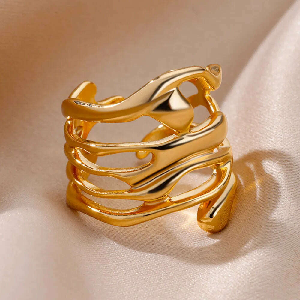 Stainless Steel Rings For Women Men Gold Color Hollow Wide Ring Female Male Engagement Wedding Party Finger Jewelry Gift Trend, KIMLUD Women's Clothes