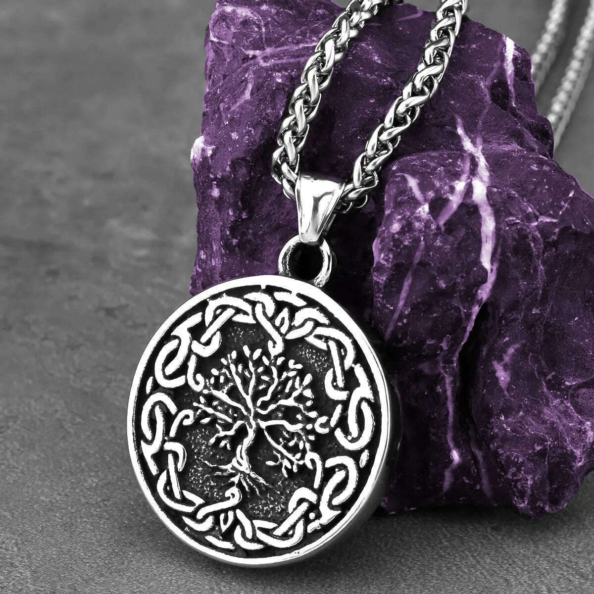 KIMLUD, Stainless Steel Viking Tree of Life Necklace Men&#39;s Fashion Vintage Hip Hop Biker Charm Pendant Necklace Amulet Jewelry Wholesale, KIMLUD Womens Clothes