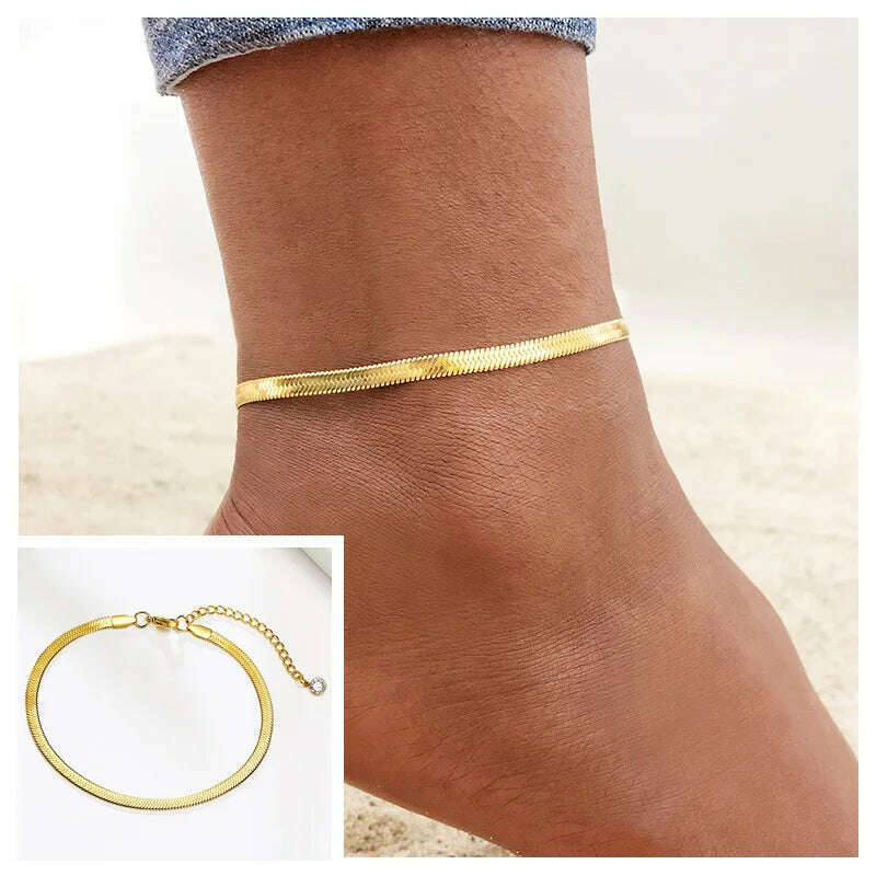 KIMLUD, Stainless Steel Women Chain Anklet Summer Chevron Snake Ankle Foot Bracelet Gift for Her, JC-060G, KIMLUD Womens Clothes