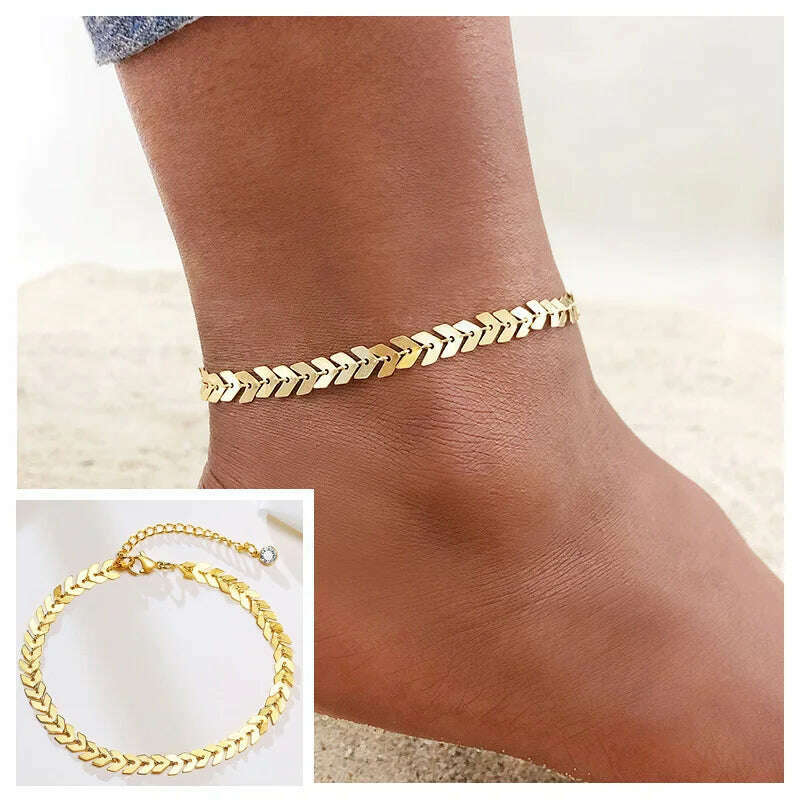 KIMLUD, Stainless Steel Women Chain Anklet Summer Chevron Snake Ankle Foot Bracelet Gift for Her, JC-061G, KIMLUD Womens Clothes