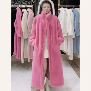 KIMLUD, Faux Fur Mid-Length Coat Stand Collar Long Sleeve — Black | KIMLUD, KIMLUD Womens Clothes