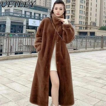 KIMLUD, Faux Fur Mid-Length Coat Stand Collar Long Sleeve — Black | KIMLUD, KIMLUD Womens Clothes