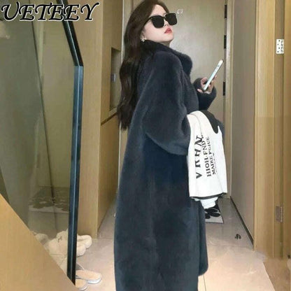 KIMLUD, Faux Fur Mid-Length Coat Stand Collar Long Sleeve — Black | KIMLUD, KIMLUD Womens Clothes
