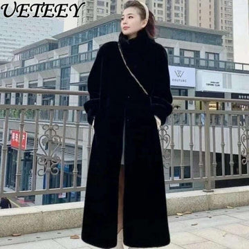 KIMLUD, Faux Fur Mid-Length Coat Stand Collar Long Sleeve — Black | KIMLUD, KIMLUD Womens Clothes