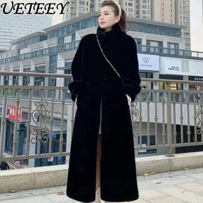 KIMLUD, Faux Fur Mid-Length Coat Stand Collar Long Sleeve — Black | KIMLUD, KIMLUD Womens Clothes