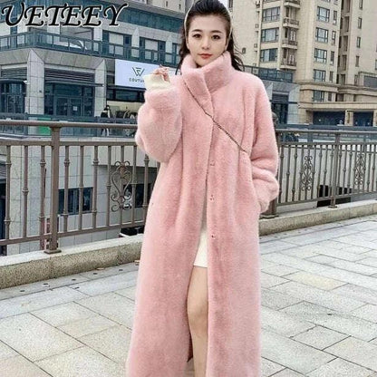 KIMLUD, Faux Fur Mid-Length Coat Stand Collar Long Sleeve — Black | KIMLUD, KIMLUD Womens Clothes