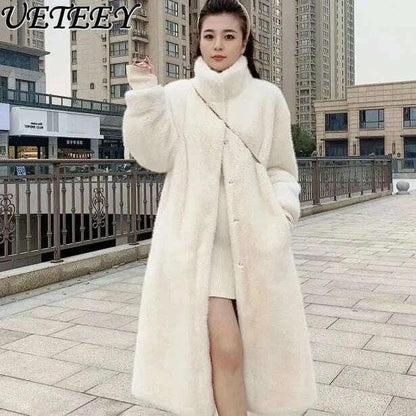 KIMLUD, Faux Fur Mid-Length Coat Stand Collar Long Sleeve — Black | KIMLUD, KIMLUD Womens Clothes
