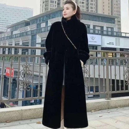 KIMLUD, Faux Fur Mid-Length Coat Stand Collar Long Sleeve — Black | KIMLUD, KIMLUD Womens Clothes