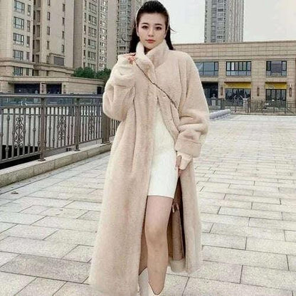 KIMLUD, Faux Fur Mid-Length Coat Stand Collar Long Sleeve — Black | KIMLUD, KIMLUD Womens Clothes