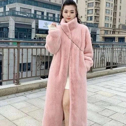 KIMLUD, Faux Fur Mid-Length Coat Stand Collar Long Sleeve — Black | KIMLUD, KIMLUD Womens Clothes