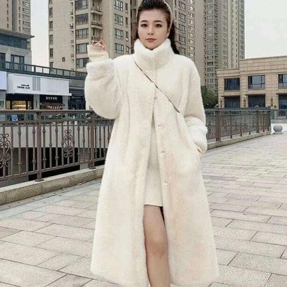 KIMLUD, Faux Fur Mid-Length Coat Stand Collar Long Sleeve — Black | KIMLUD, KIMLUD Womens Clothes