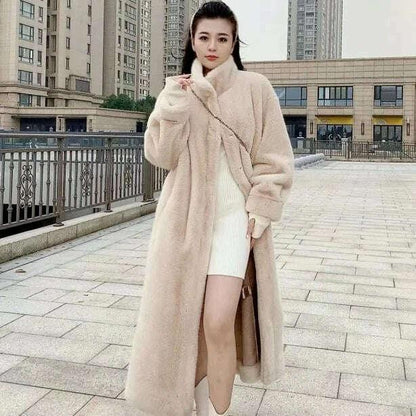 KIMLUD, Faux Fur Mid-Length Coat Stand Collar Long Sleeve — Black | KIMLUD, KIMLUD Womens Clothes