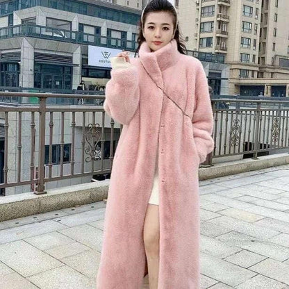 KIMLUD, Faux Fur Mid-Length Coat Stand Collar Long Sleeve — Black | KIMLUD, KIMLUD Womens Clothes