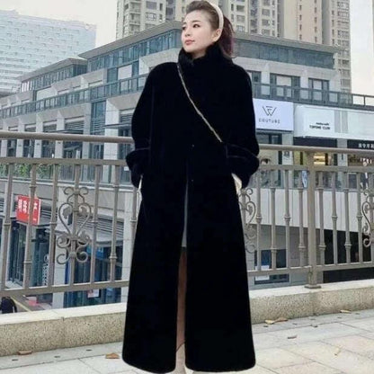 KIMLUD, Faux Fur Mid-Length Coat Stand Collar Long Sleeve — Black | KIMLUD, KIMLUD Womens Clothes