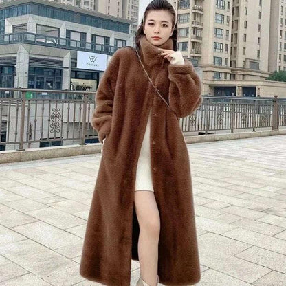 KIMLUD, Faux Fur Mid-Length Coat Stand Collar Long Sleeve — Black | KIMLUD, KIMLUD Womens Clothes