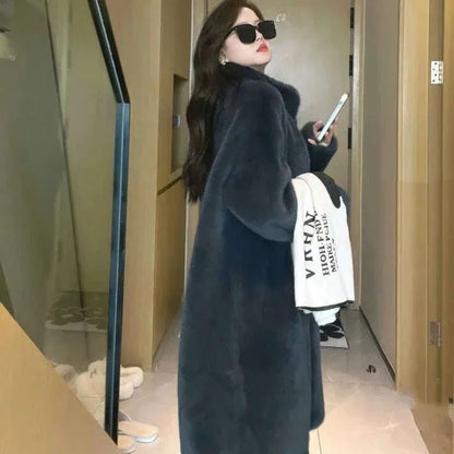 KIMLUD, Faux Fur Mid-Length Coat Stand Collar Long Sleeve — Black | KIMLUD, KIMLUD Womens Clothes