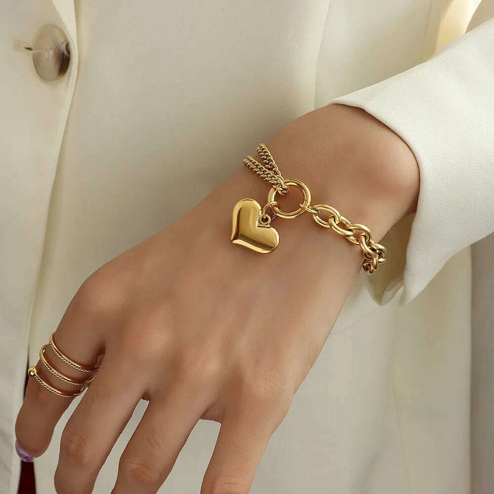 Statement Heart Pendant Bracelet Stainless Steel Gold color Jewelry Fashion Metal Texture Bracelet Accessories 2023, KIMLUD Women's Clothes