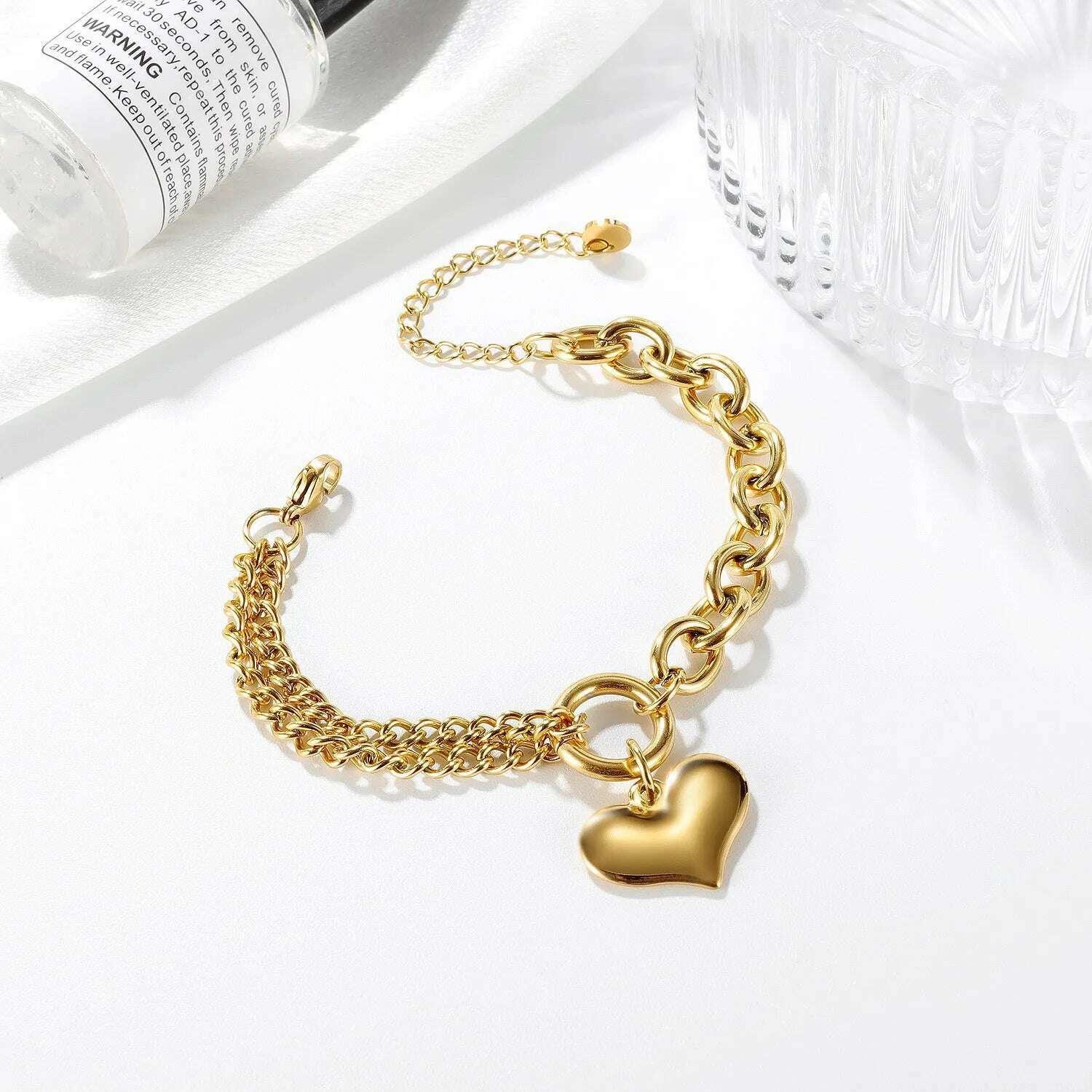 KIMLUD, Statement Heart Pendant Bracelet Stainless Steel Gold color Jewelry Fashion Metal Texture Bracelet Accessories 2023, KIMLUD Womens Clothes