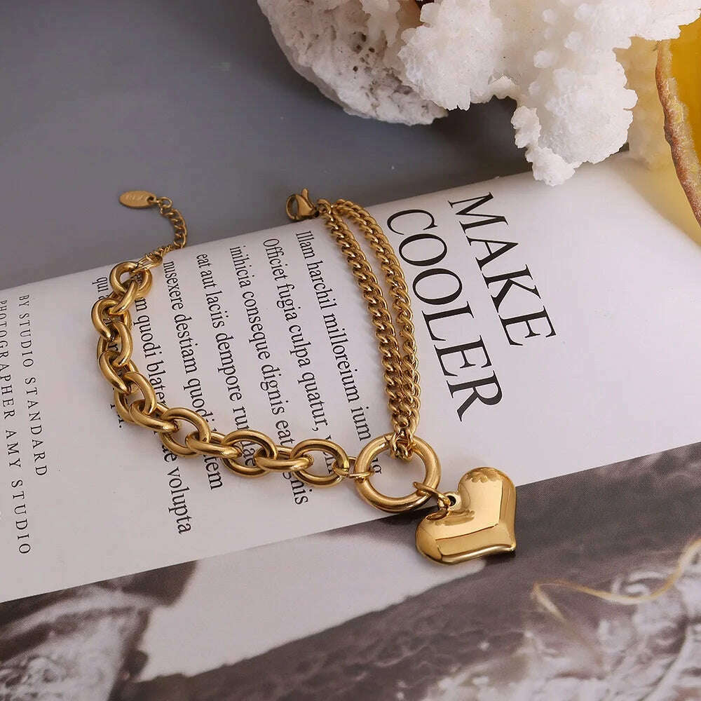 KIMLUD, Statement Heart Pendant Bracelet Stainless Steel Gold color Jewelry Fashion Metal Texture Bracelet Accessories 2023, KIMLUD Women's Clothes