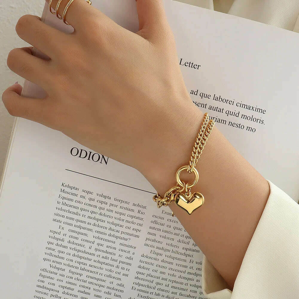 KIMLUD, Statement Heart Pendant Bracelet Stainless Steel Gold color Jewelry Fashion Metal Texture Bracelet Accessories 2023, KIMLUD Women's Clothes