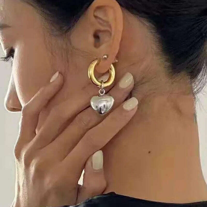 KIMLUD, Statement Minimalist Gold Silver Color Mixed Solid Heart Pendant Hoop Earrings Street Style Korean Fashion Jewelry, 610, KIMLUD APPAREL - Womens Clothes